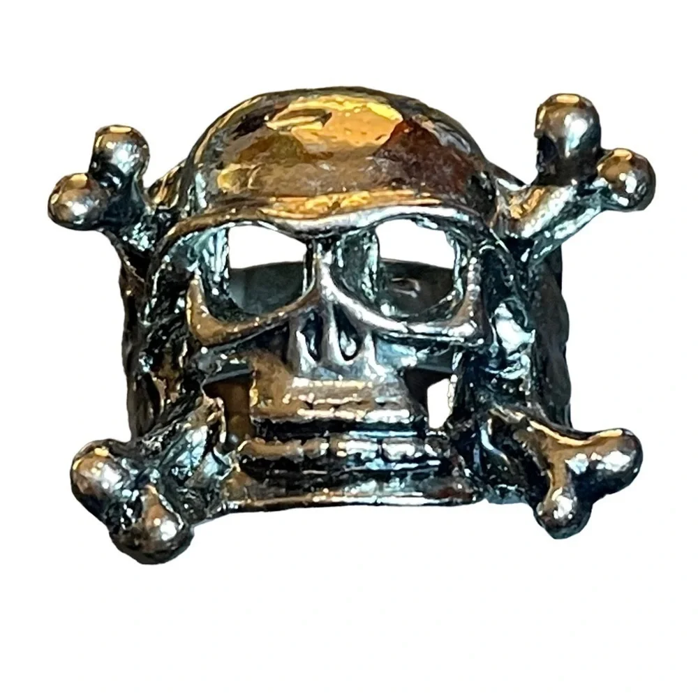 Adjustable Silver Tone Metal Skull & Bones Ring‎ Size 8-11